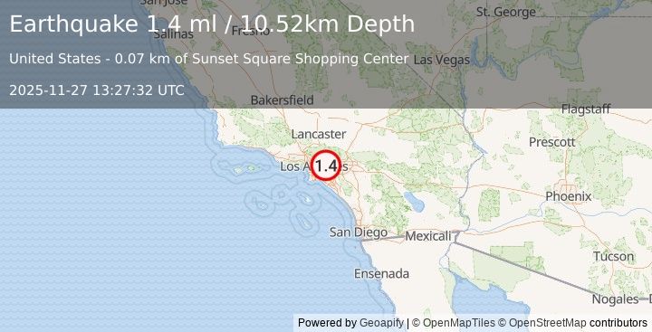 Earthquake 1 km NW of Valinda, CA (1.4 ml) (2025-11-27 13:27:32 UTC)