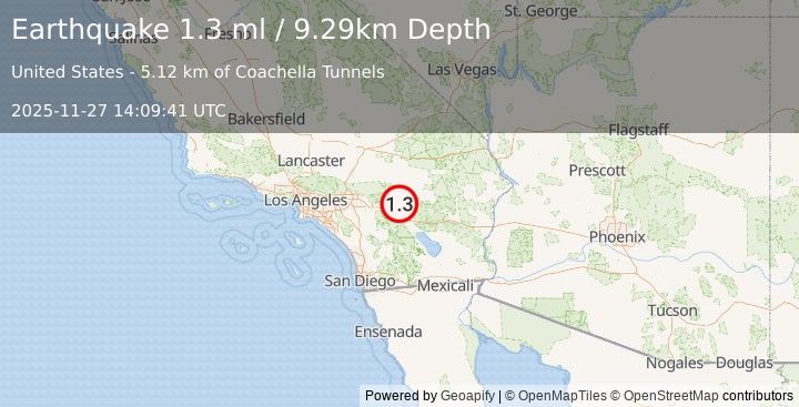 Earthquake 11 km ENE of Desert Hot Springs, CA (1.3 ml) (2025-11-27 14:09:41 UTC)
