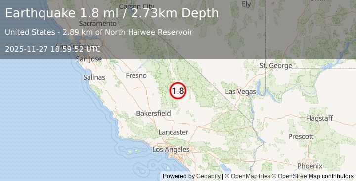 Earthquake 11 km SE of Olancha, CA (1.8 ml) (2025-11-27 18:59:52 UTC)