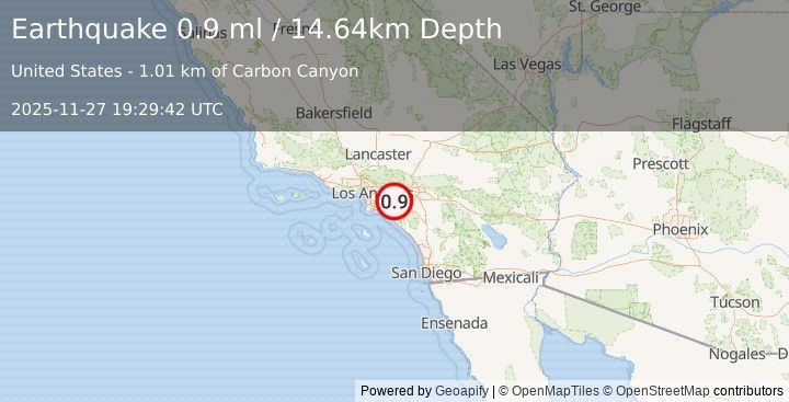 Earthquake 3 km NNE of Yorba Linda, CA (0.9 ml) (2025-11-27 19:29:42 UTC)