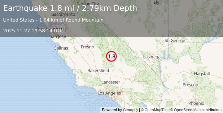Earthquake 13 km SSW of Olancha, CA (1.8 ml) (2025-11-27 19:58:14 UTC)