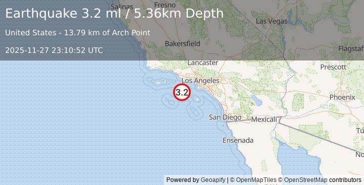 Earthquake 16 km N of Santa Barbara Is., CA (3.2 ml) (2025-11-27 23:10:52 UTC)