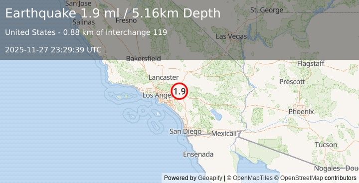 Earthquake 6 km SSW of Devore, CA (1.9 ml) (2025-11-27 23:29:39 UTC)