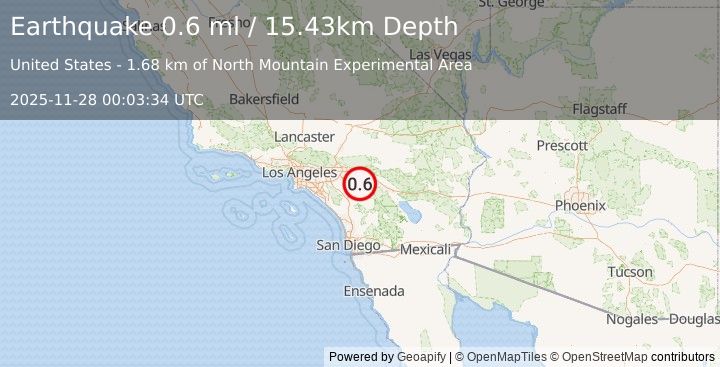 Earthquake 8 km NNE of San Jacinto, CA (0.6 ml) (2025-11-28 00:03:34 UTC)