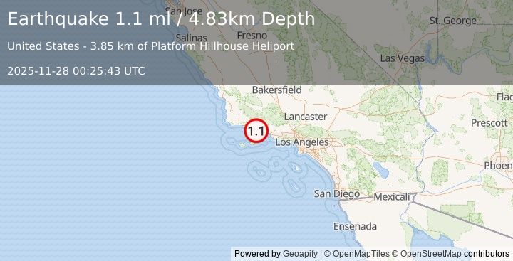 Earthquake 11 km SSE of Santa Barbara, CA (1.1 ml) (2025-11-28 00:25:43 UTC)
