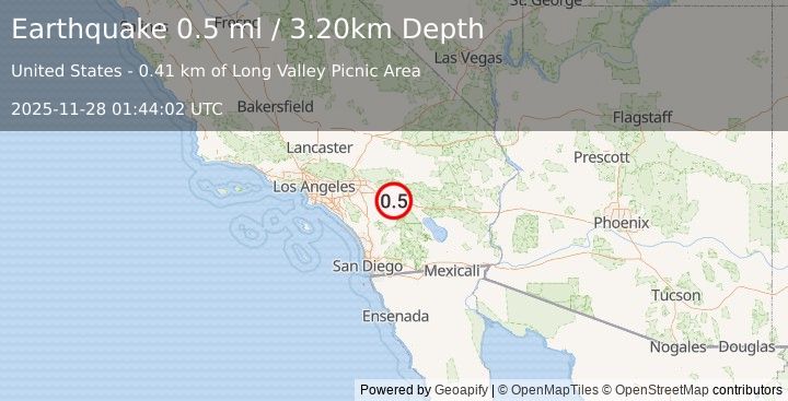 Earthquake 10 km W of Palm Springs, CA (0.5 ml) (2025-11-28 01:44:02 UTC)