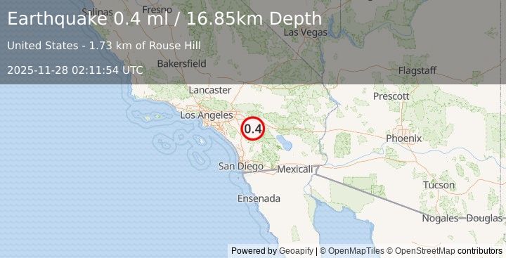 Earthquake 9 km SW of Idyllwild, CA (0.4 ml) (2025-11-28 02:11:54 UTC)