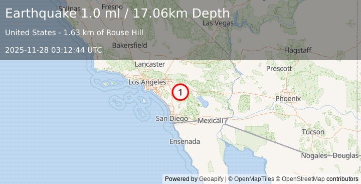 Earthquake 9 km SW of Idyllwild, CA (1.0 ml) (2025-11-28 03:12:44 UTC)