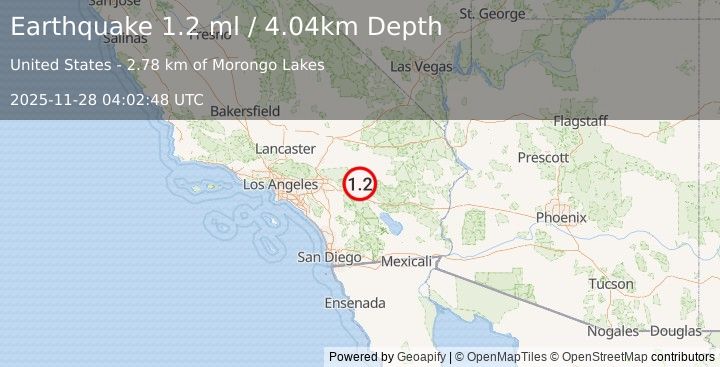 Earthquake 11 km SW of Idyllwild, CA (0.6 ml) (2025-11-28 04:02:55 UTC)