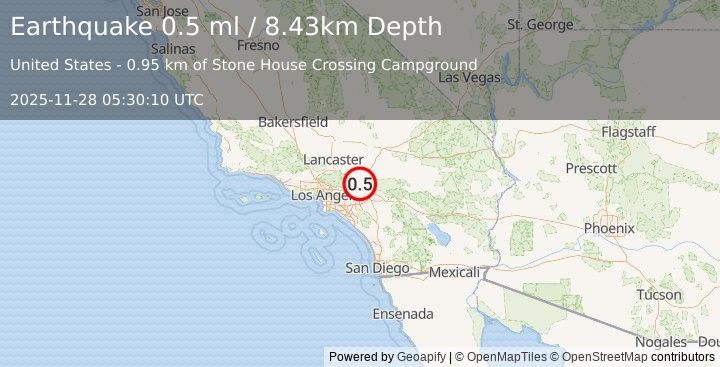 Earthquake 4 km W of Lytle Creek, CA (0.5 ml) (2025-11-28 05:30:10 UTC)