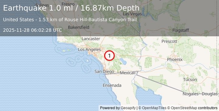 Earthquake 9 km SW of Idyllwild, CA (1.0 ml) (2025-11-28 06:02:28 UTC)