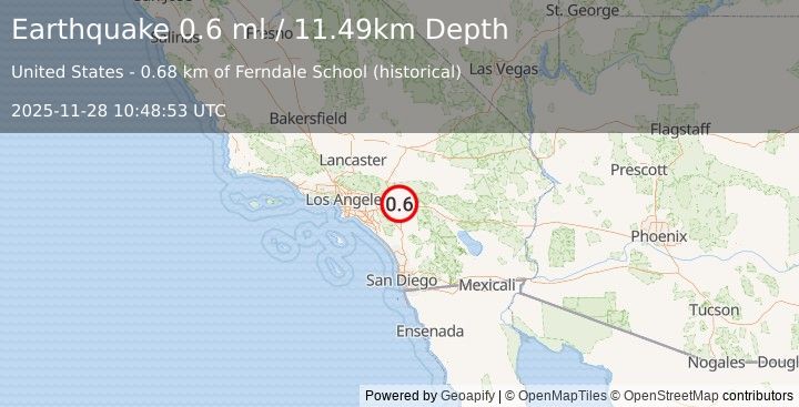 Earthquake 6 km NNE of Moreno Valley, CA (0.6 ml) (2025-11-28 10:48:53 UTC)