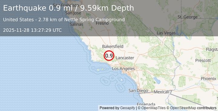 Earthquake 13 km W of Pine Mountain Club, CA (0.9 ml) (2025-11-28 13:27:29 UTC)
