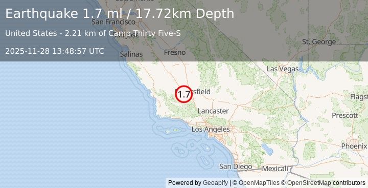 Earthquake 15 km SSE of Buttonwillow, CA (1.7 ml) (2025-11-28 13:48:57 UTC)
