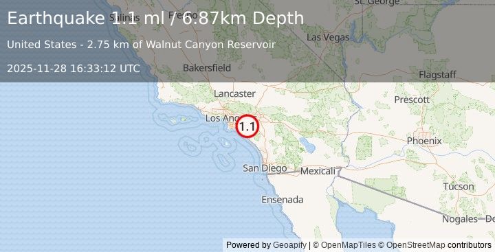 Earthquake 9 km ENE of Villa Park, CA (1.1 ml) (2025-11-28 16:33:12 UTC)