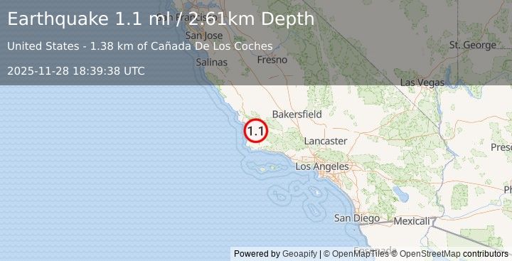 Earthquake 14 km E of Santa Maria, CA (1.1 ml) (2025-11-28 18:39:38 UTC)