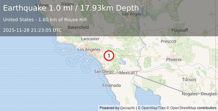 Earthquake 9 km SW of Idyllwild, CA (1.0 ml) (2025-11-28 21:23:05 UTC)