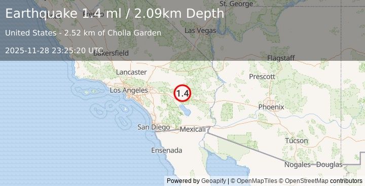 Earthquake 26 km SE of Twentynine Palms, CA (1.4 ml) (2025-11-28 23:25:20 UTC)