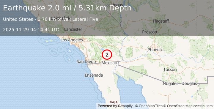 Earthquake 11 km WNW of Calipatria, CA (2.0 ml) (2025-11-29 04:14:41 UTC)