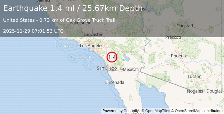 Earthquake 10 km E of Palomar Observatory, CA (1.5 ml) (2025-11-29 07:01:54 UTC)