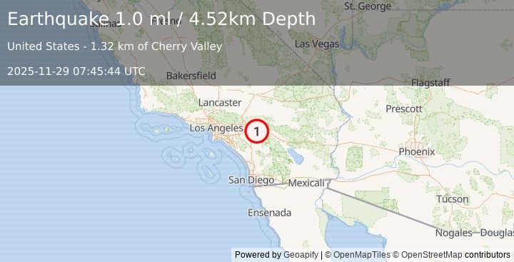 Earthquake 5 km NNW of Beaumont, CA (1.0 ml) (2025-11-29 07:45:44 UTC)
