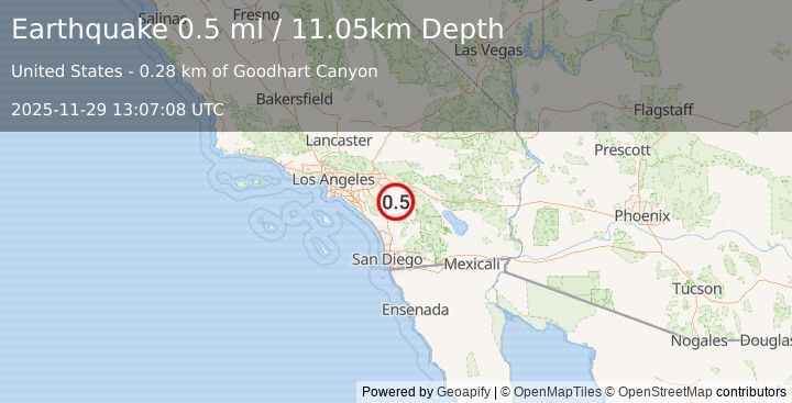 Earthquake 8 km SSW of Hemet, CA (0.5 ml) (2025-11-29 13:07:08 UTC)