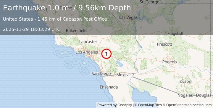 Earthquake 2 km NE of Cabazon, CA (1.0 ml) (2025-11-29 18:03:29 UTC)