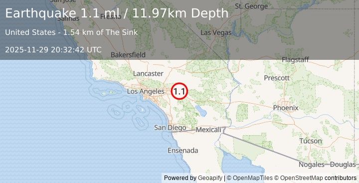 Earthquake 14 km NNE of Cabazon, CA (1.1 ml) (2025-11-29 20:32:42 UTC)
