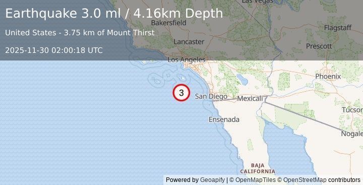 Earthquake 11 km WNW of San Clemente Is. (SE tip), CA (3.0 ml) (2025-11-30 02:00:18 UTC)