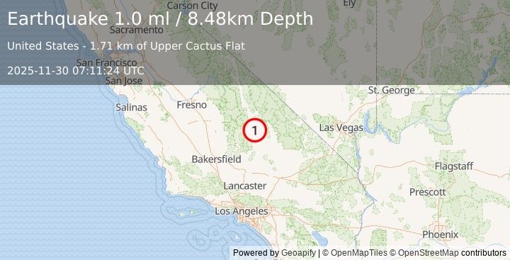 Earthquake 13 km ENE of Coso Junction, CA (1.0 ml) (2025-11-30 07:11:24 UTC)