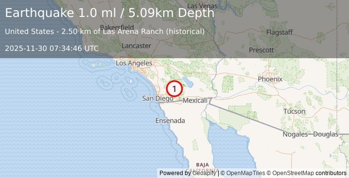Earthquake 18 km E of Julian, CA (1.0 ml) (2025-11-30 07:34:46 UTC)