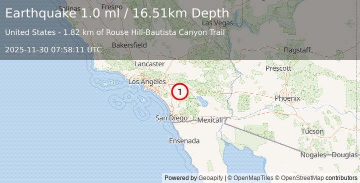 Earthquake 9 km SW of Idyllwild, CA (1.0 ml) (2025-11-30 07:58:11 UTC)