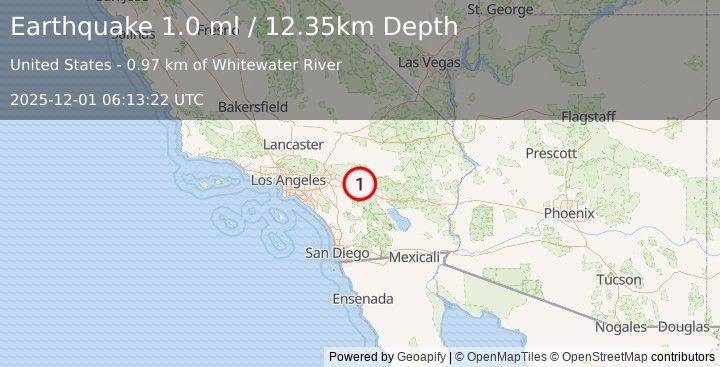 Earthquake 11 km SW of Morongo Valley, CA (1.0 ml) (2025-12-01 06:13:22 UTC)