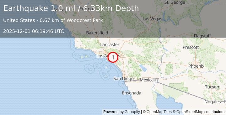 Earthquake 2 km E of La Habra, CA (1.0 ml) (2025-12-01 06:19:45 UTC)