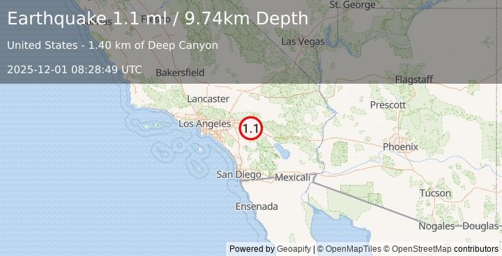 Earthquake 2 km NNE of Cabazon, CA (1.1 ml) (2025-12-01 08:28:49 UTC)