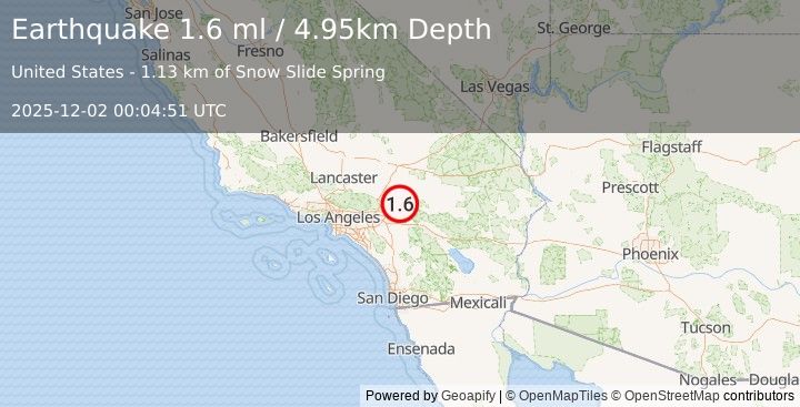 Earthquake 11 km WNW of Big Bear Lake, CA (1.6 ml) (2025-12-02 00:04:51 UTC)