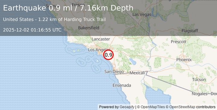 Earthquake 7 km N of Trabuco Canyon, CA (0.9 ml) (2025-12-02 01:16:55 UTC)