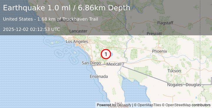 Earthquake 11 km WSW of Salton City, CA (1.0 ml) (2025-12-02 02:12:53 UTC)