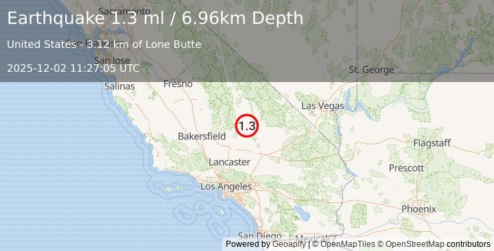 Earthquake 10 km ENE of Ridgecrest, CA (1.3 ml) (2025-12-02 11:27:05 UTC)