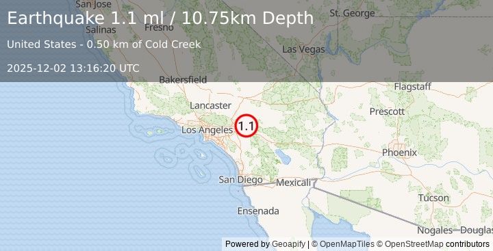 Earthquake 11 km SSW of Big Bear Lake, CA (1.1 ml) (2025-12-02 13:16:20 UTC)