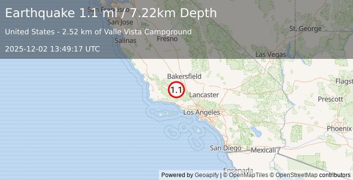 Earthquake 20 km W of Pine Mountain Club, CA (1.1 ml) (2025-12-02 13:49:17 UTC)