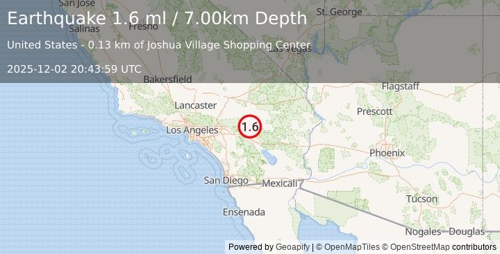 Earthquake 2 km ENE of Yucca Valley, CA (1.6 ml) (2025-12-02 20:43:59 UTC)