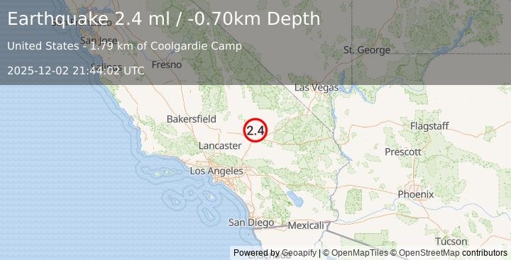 Earthquake 21 km N of Barstow, CA (2.4 ml) (2025-12-02 21:44:02 UTC)