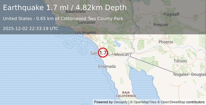 Earthquake 3 km ENE of Rancho San Diego, CA (1.7 ml) (2025-12-02 22:33:19 UTC)