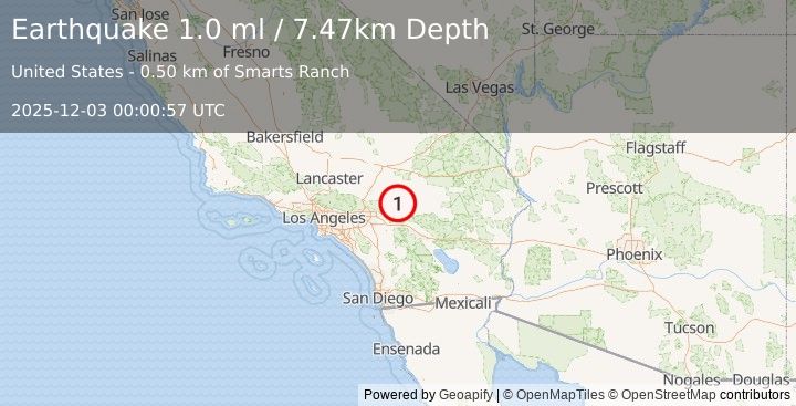Earthquake 8 km ENE of Big Bear City, CA (1.0 ml) (2025-12-03 00:00:57 UTC)
