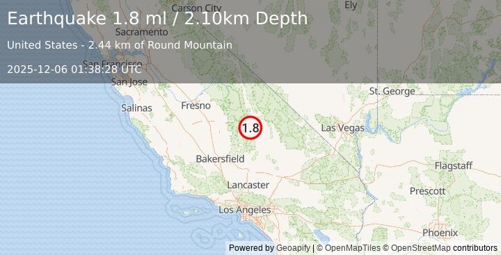 Earthquake 13 km SSW of Olancha, CA (1.8 ml) (2025-12-06 01:38:28 UTC)