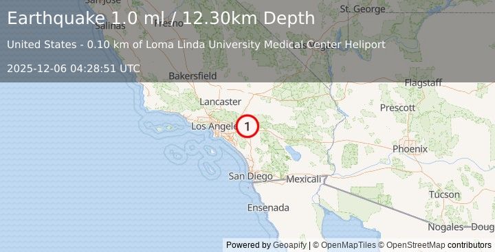 Earthquake 1 km WNW of Loma Linda, CA (1.0 ml) (2025-12-06 04:28:51 UTC)