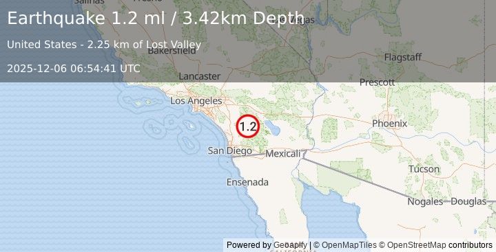 Earthquake 15 km NE of Warner Springs, CA (0.8 ml) (2025-12-06 06:54:39 UTC)