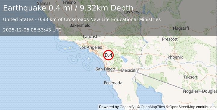 Earthquake 16 km NNW of Aguanga, CA (0.4 ml) (2025-12-06 08:53:43 UTC)