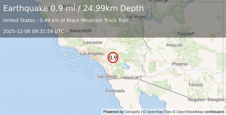 Earthquake 9 km NNW of Idyllwild, CA (0.9 ml) (2025-12-06 09:31:59 UTC)